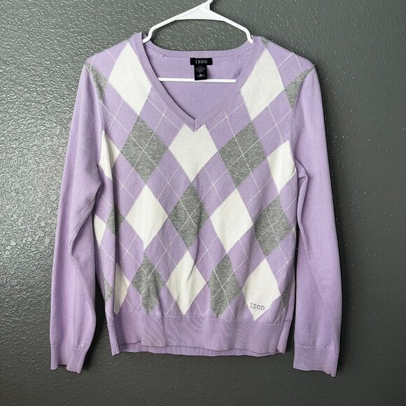 IZOD Women’s Argyle Sweater – Lavender Purple V-Neck Pullover – Size Large - Picture 1 of 4